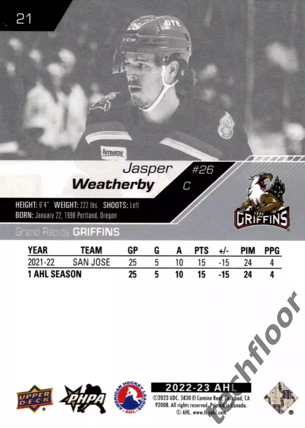Карточка AHL Jasper Weatherby Grand Rapids Griffins/Джаспер Уэзерби Гранд-Рапидс 1