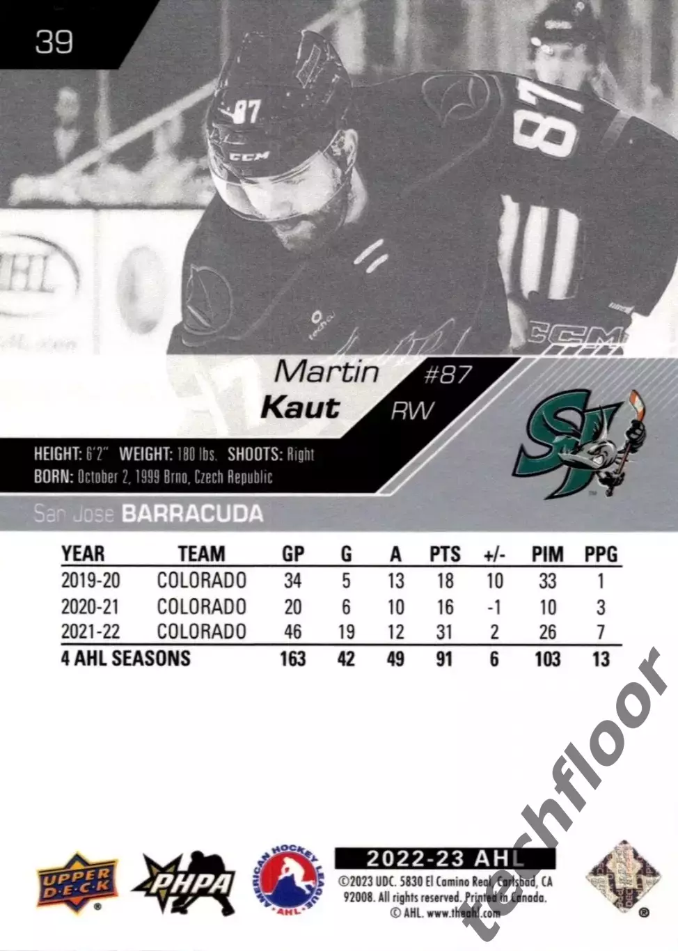 Карточка AHL Martin Kaut San Jose Barracuda/Мартин Каут Сан-Хосе АХЛ 1