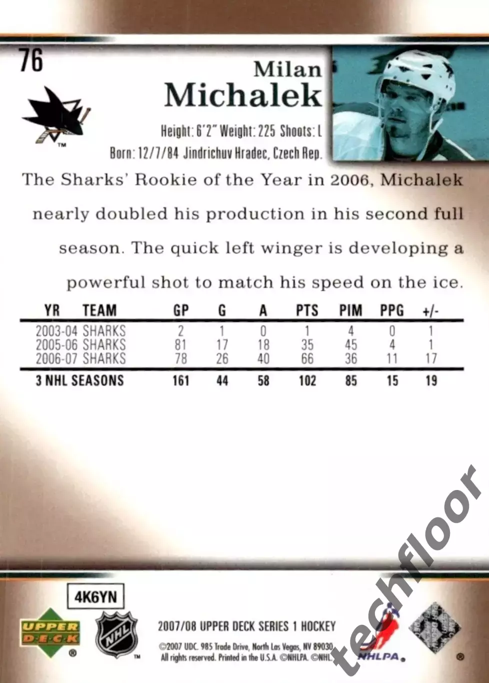 Карточка NHL Milan Michalek San Jose Sharks/Милан Михалек Сан-Хосе НХЛ 1