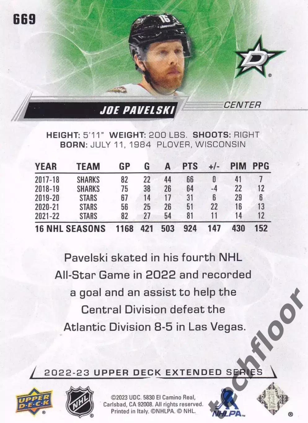 Карточка NHL Joe Pavelski Dallas Stars/ Джо Павелски Даллас НХЛ 1