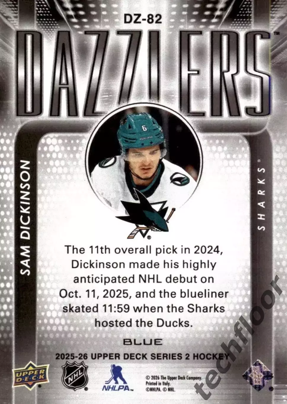 Карточка NHL Sam Dickinson San Jose Sharks/Сэм Дикинсон Сан-Хосе НХЛ 1