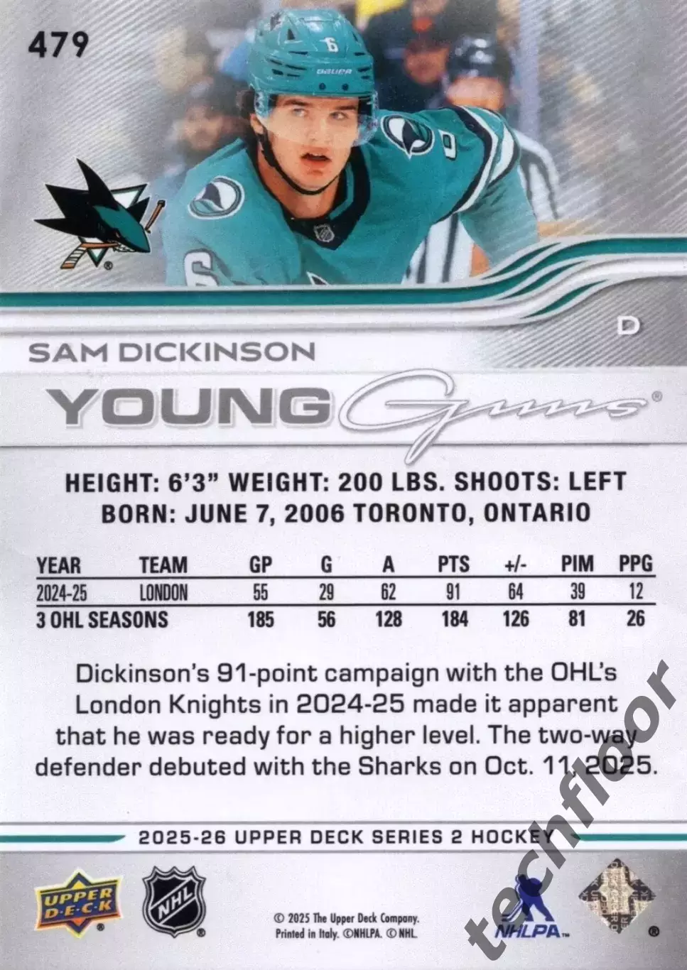 Карточка NHL Sam Dickinson San Jose Sharks /Сэм Дикинсон Сан-Хосе НХЛ 1