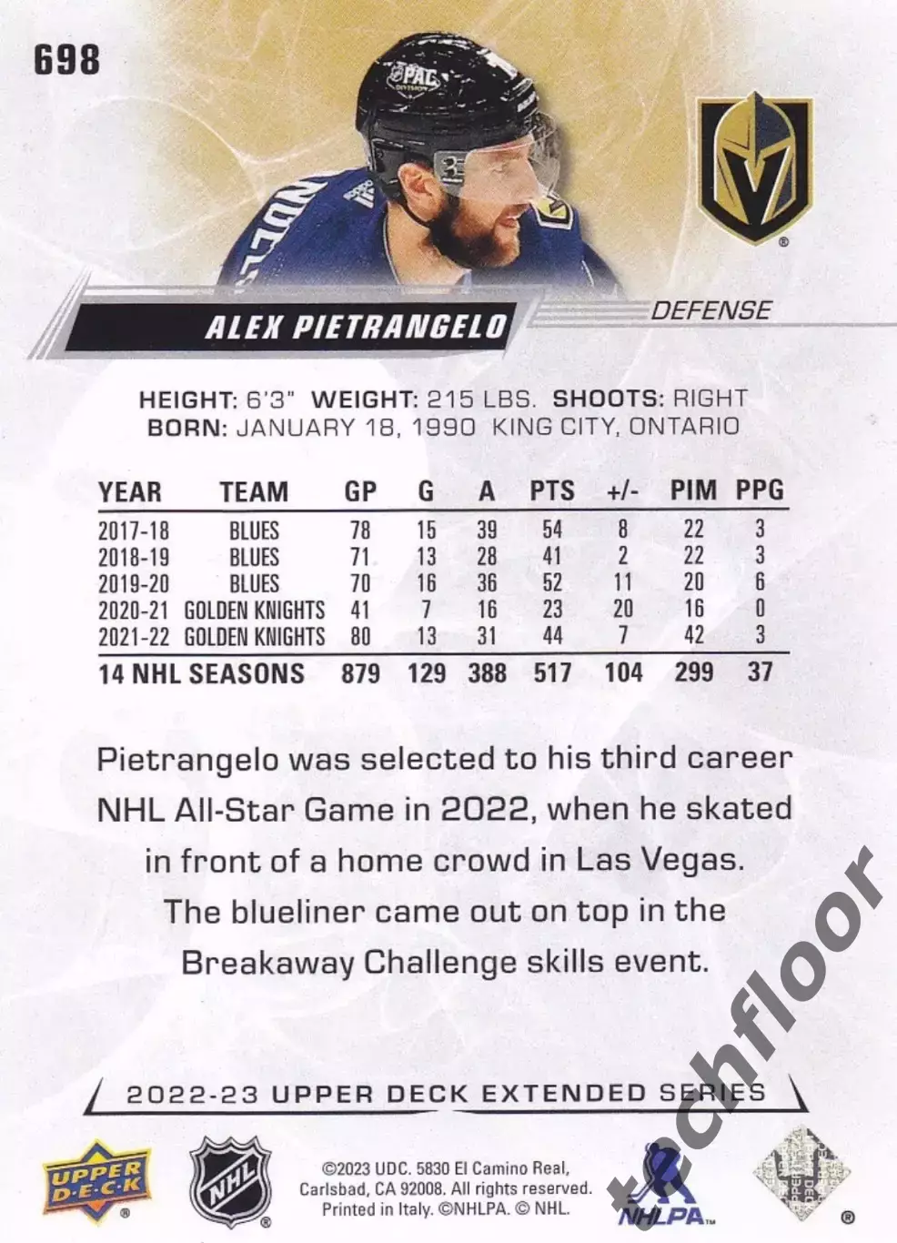 Карточка NHL Alex Pietrangelo Vegas Golden Knights/Алекс Пьетранжело Вегас НХЛ 1