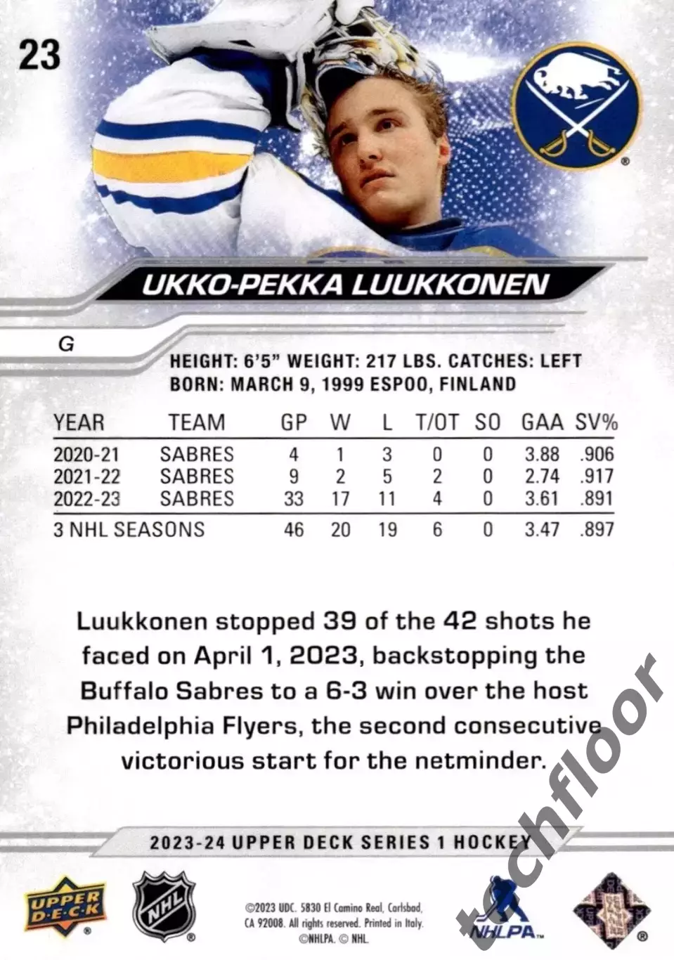 Карточка NHL Ukko-Pekka Luukkonen Buffalo Sabres/ Укко-Пекка Луукконен Баффало 1