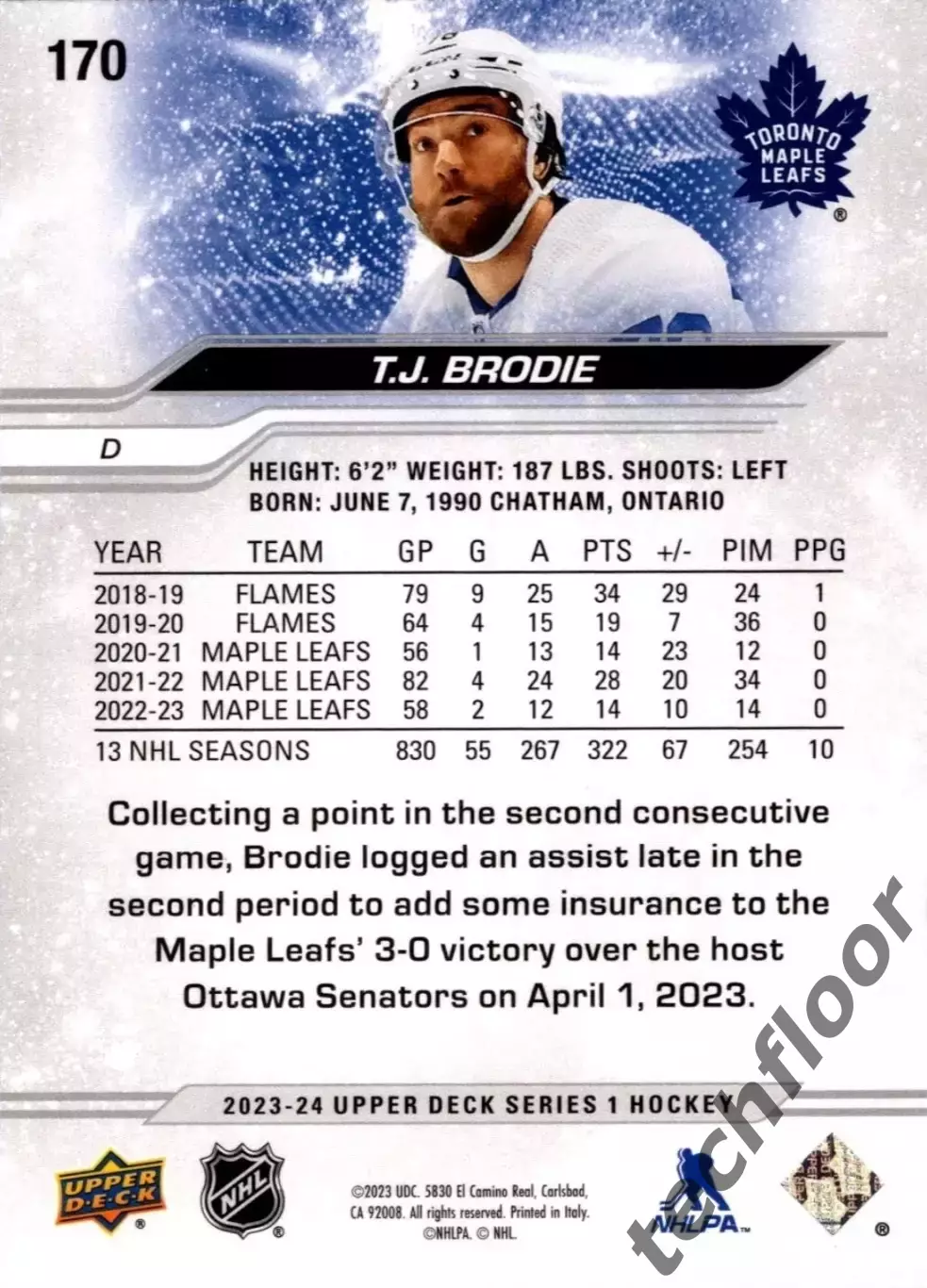 Карточка NHL T. J. Brodie Toronto Maple Leafs/ Ти Джей Броди Торонто НХЛ 1