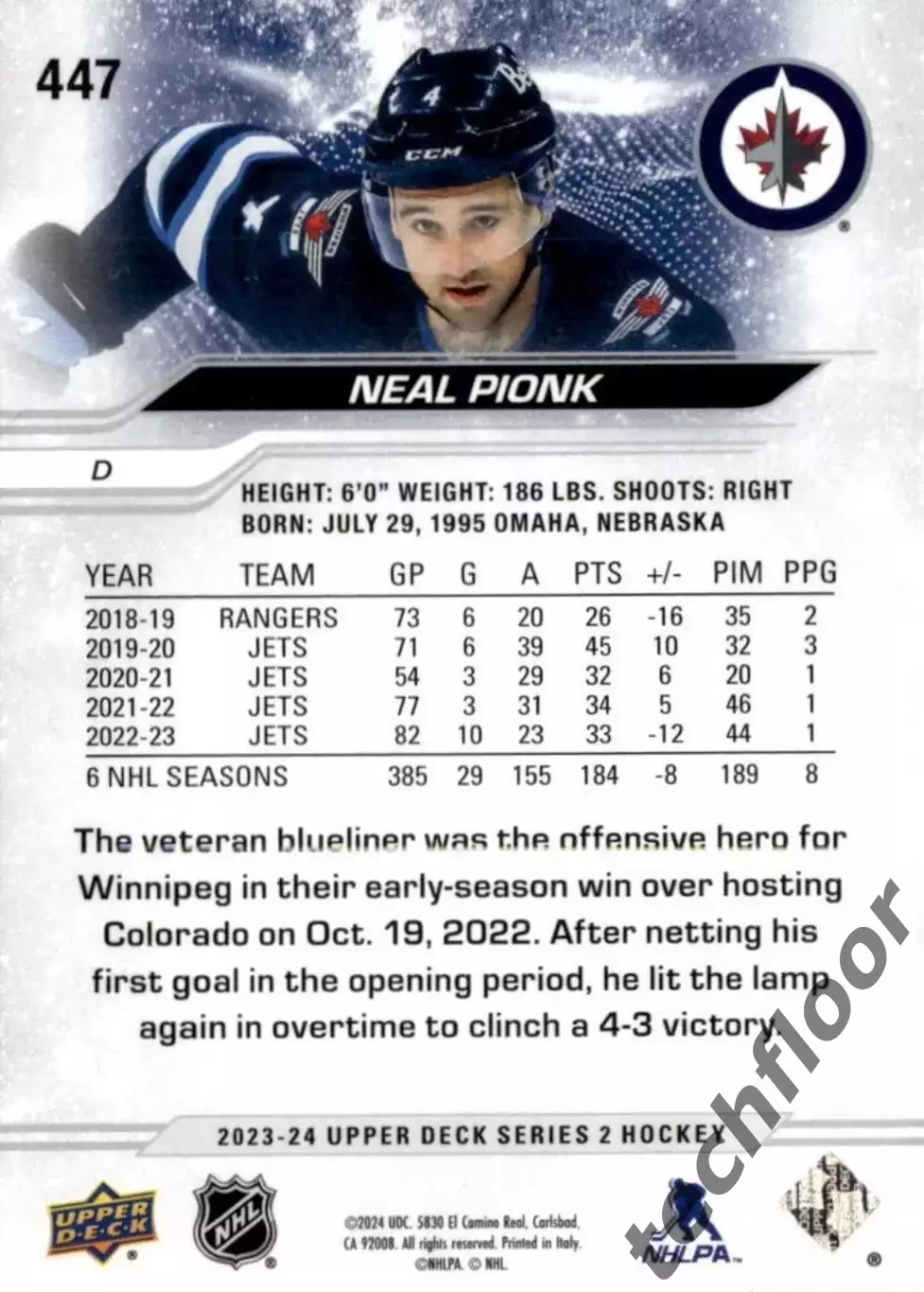 Карточка NHL Neal Pionk Winnipeg Jets/Нил Пионк Виннипег НХЛ 1