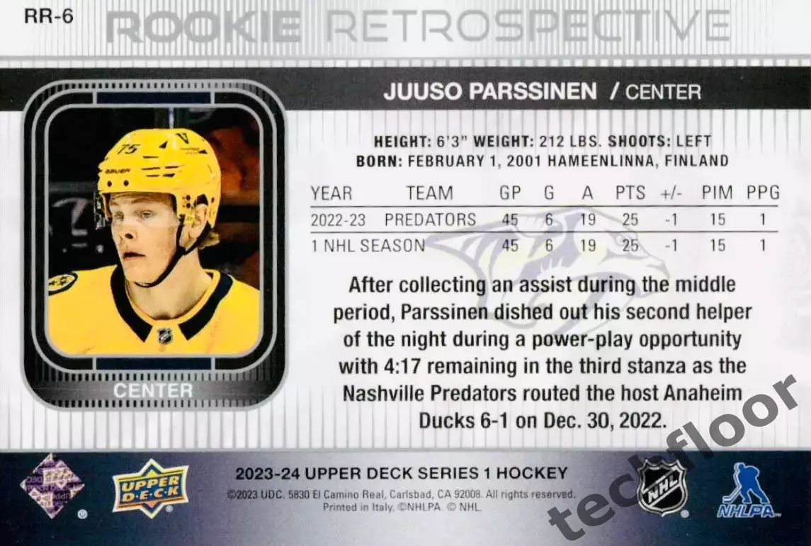 Карточка NHL Juuso Parssinen Nashville Predators/Юусо Пярссинен Нэшвилл НХЛ 1