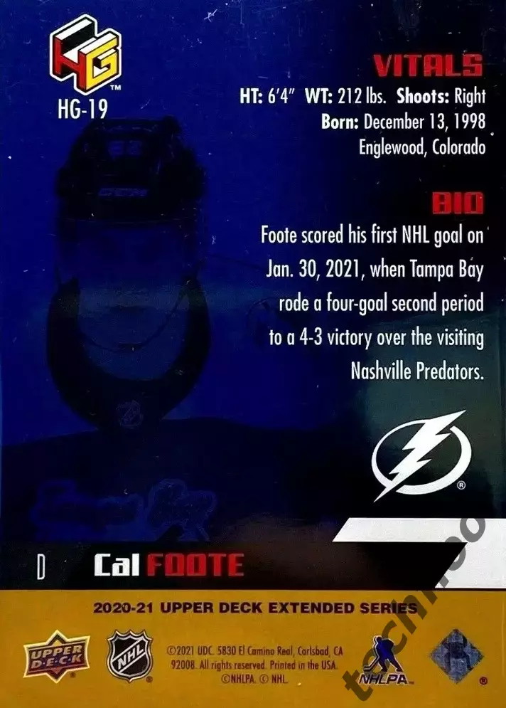 Карточка NHL Cal Foote Tampa Bay Lightning/Кэл Фут Тампа НХЛ 1