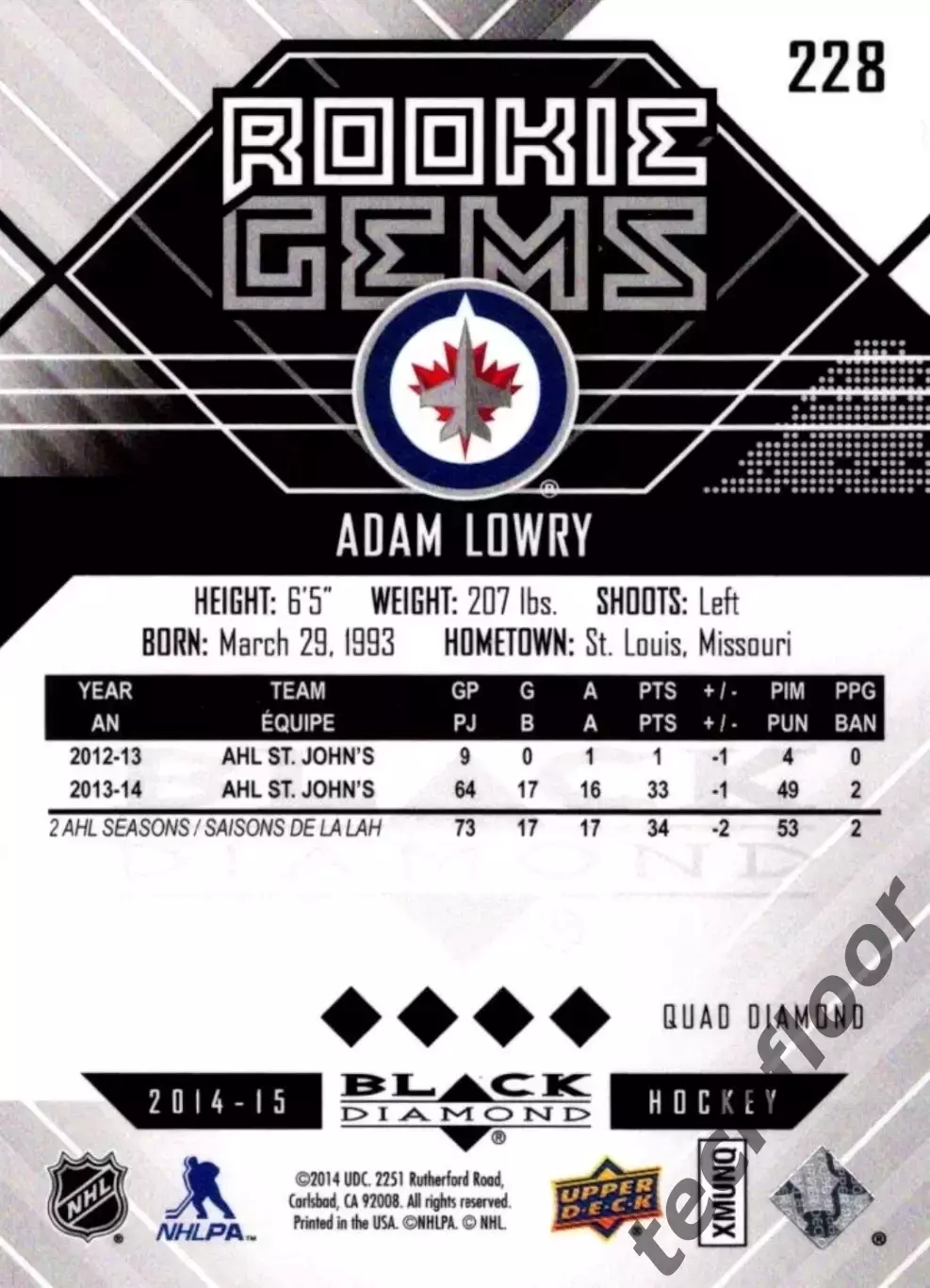 Карточка NHL Adam Lowry Winnipeg Jets/Адам Лаури Виннипег НХЛ 1