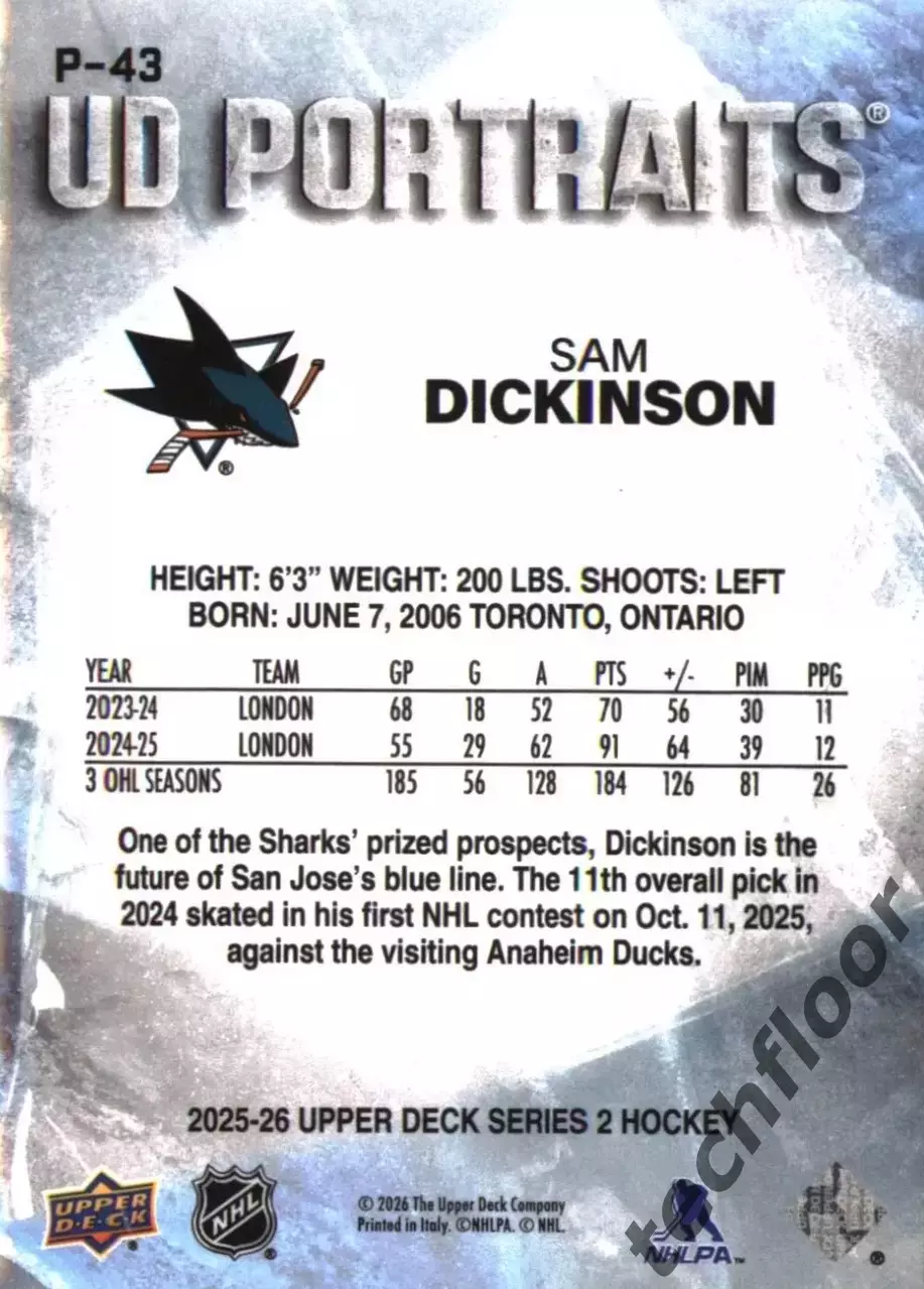 Карточка NHL Sam Dickinson San Jose Sharks/Сэм Дикинсон Сан-Хосе НХЛ 1