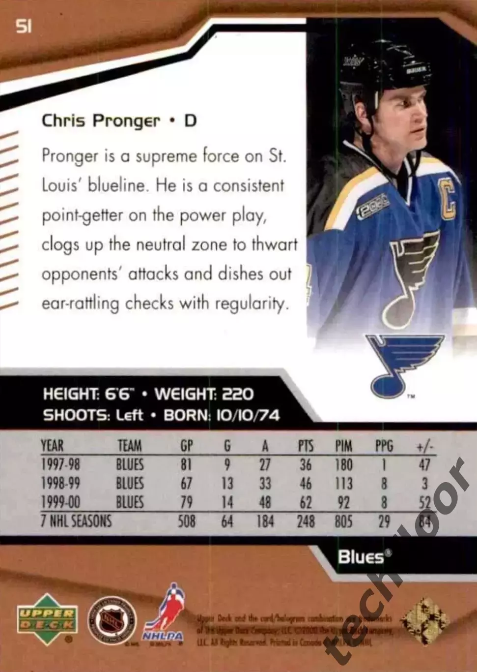 Карточка NHL Chris Pronger St. Louis Blues/Крис Пронгер Сент-Луис НХЛ 1