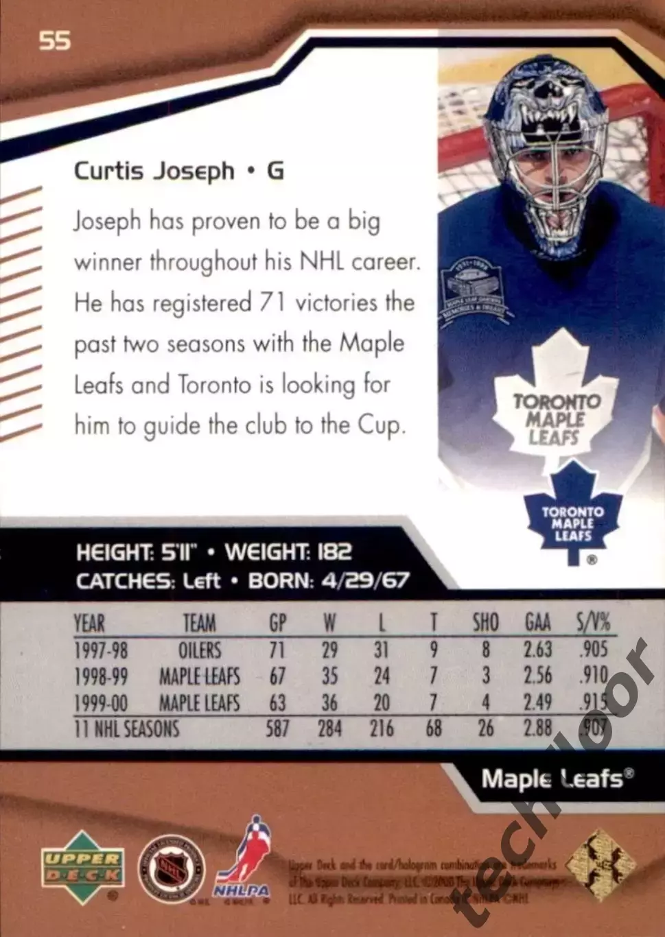 Карточка NHL Curtis Joseph Toronto Maple Leafs/Кёртис Джозеф Торонто НХЛ 1