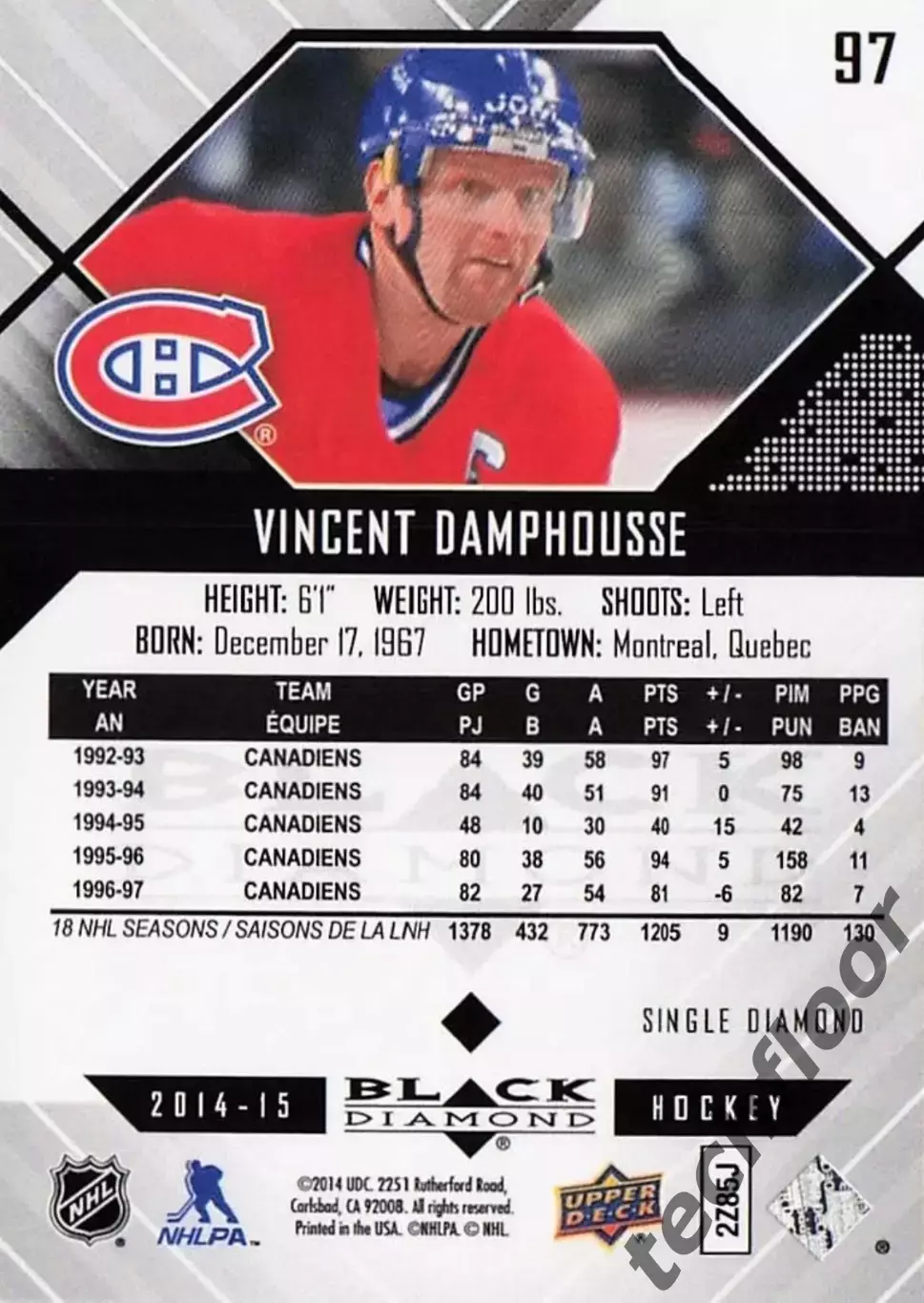 Карточка NHL Vincent Damphousse Montreal Canadiens/Венсан Дамфусс Монреаль НХЛ 1