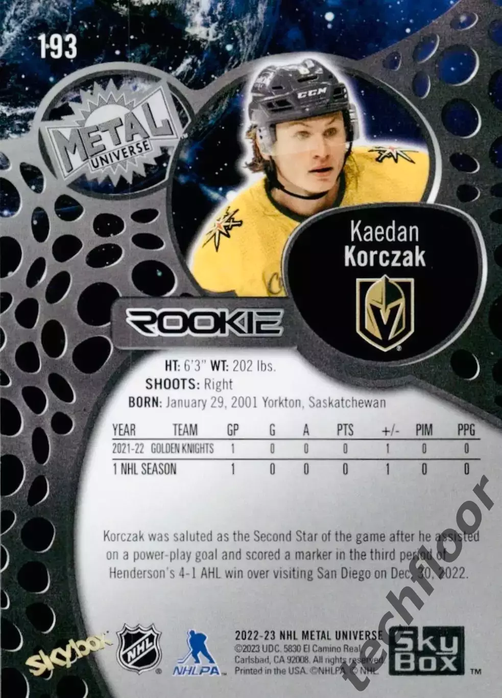 Карточка NHL Kaedan Korczak Vegas Golden Knights/Кэидан Корчак Вегас НХЛ 1