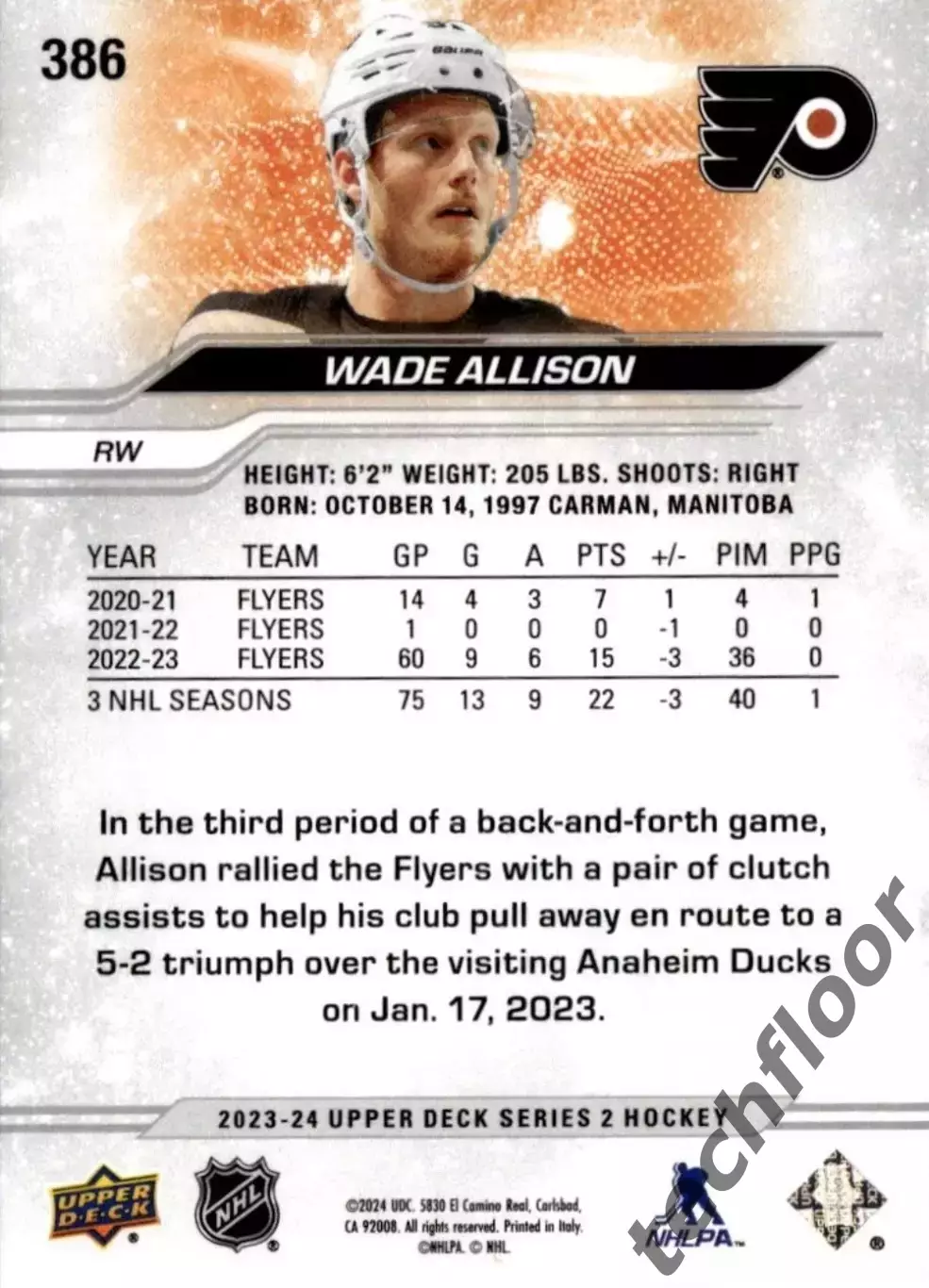 Карточка NHL Wade Allison Philadelphia Flyers/Уэйд Эллисон Филадельфия НХЛ 1