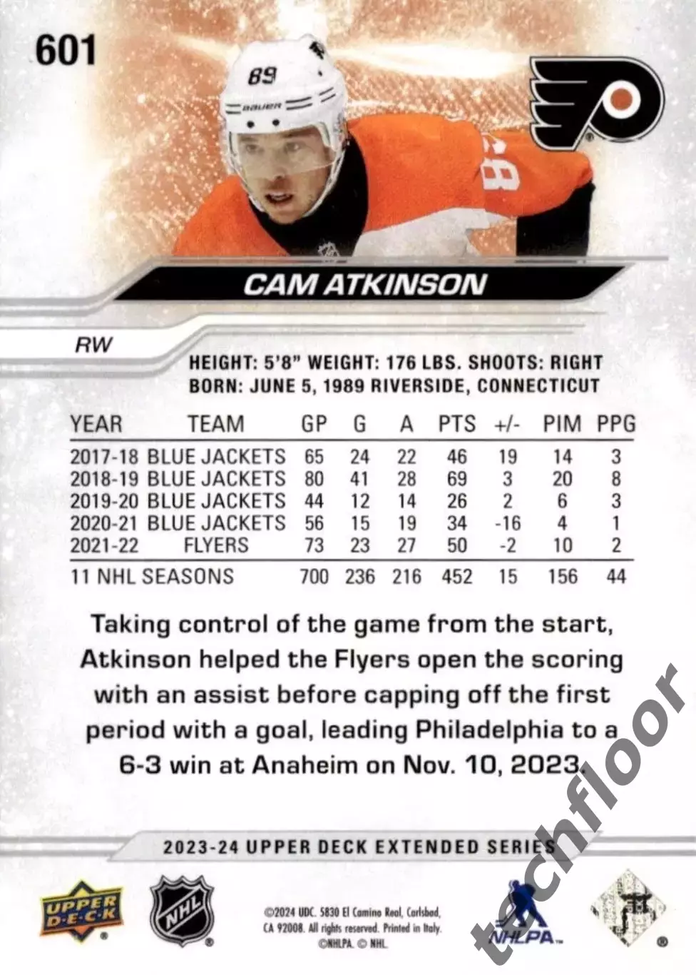 Карточка NHL Cam Atkinson Philadelphia Flyers/Кэм Аткинсон Филадельфия НХЛ 1
