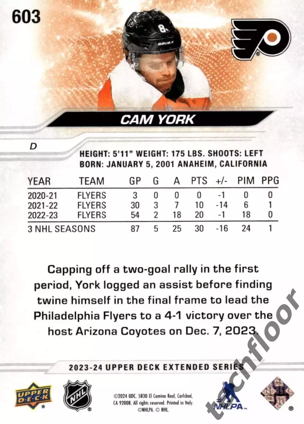 Карточка NHL Cam York Philadelphia Flyers/ Кэм Йорк Филадельфия НХЛ 1
