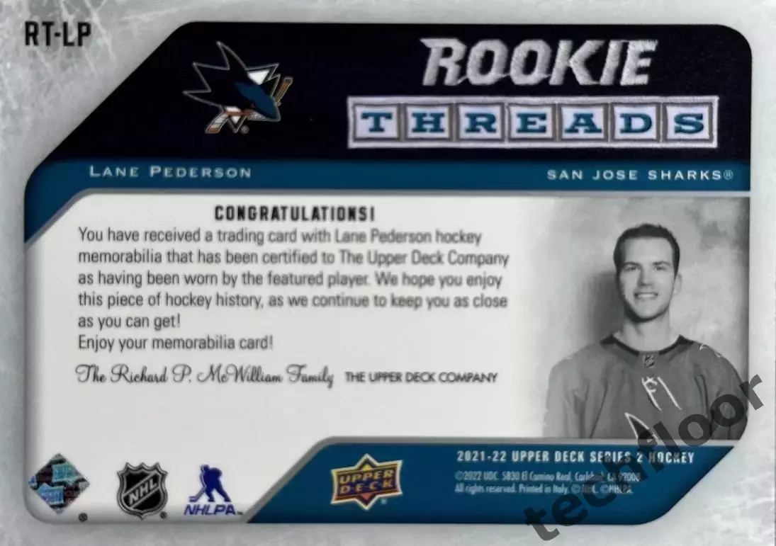 Карточка NHL Lane Pederson San Jose Sharks/ Лэйн Педерсон Сан-Хосе НХЛ 1