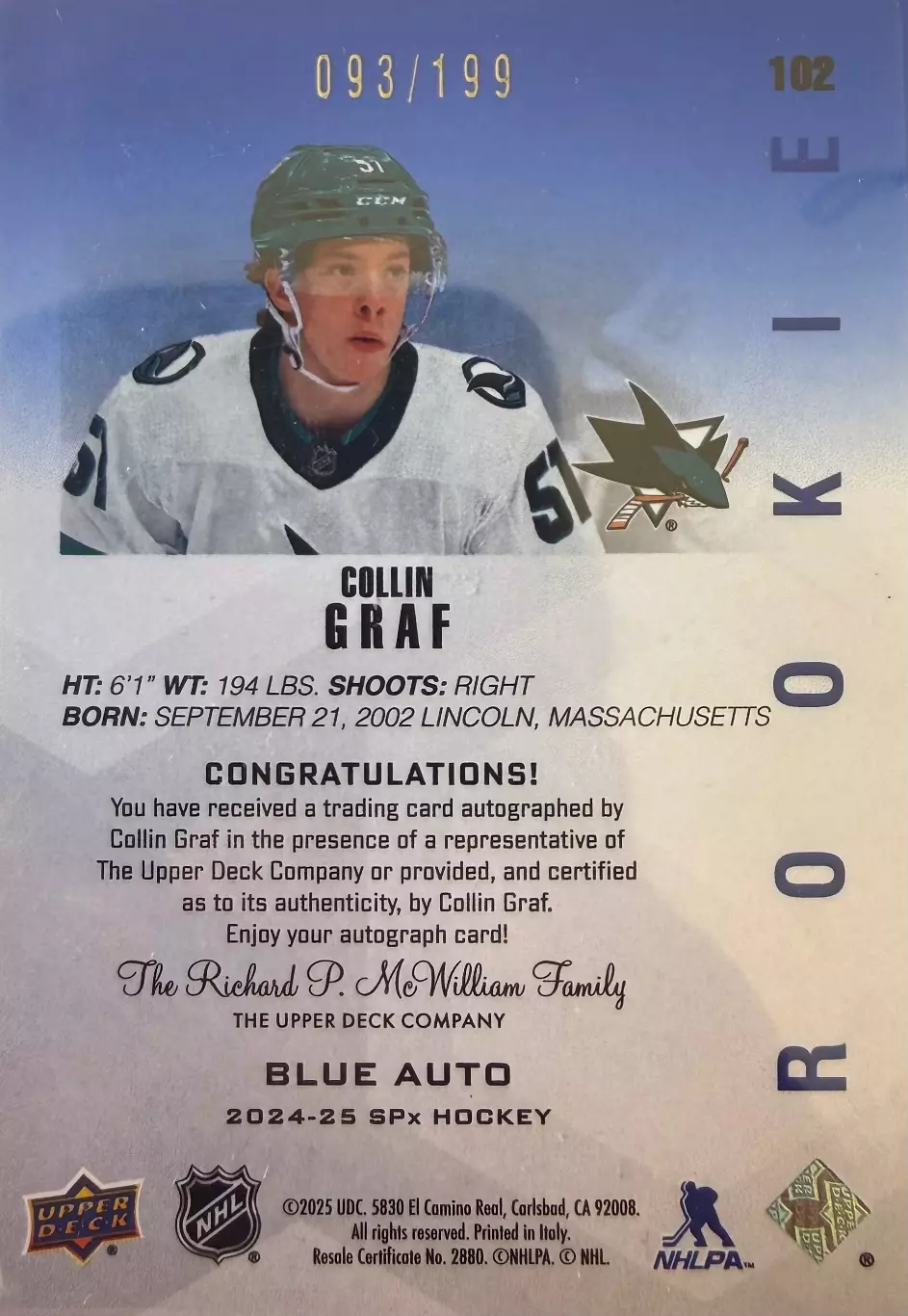 Карточка NHL Collin Graf San Jose Sharks/ Коллин Граф Сан-Хосе Шаркс НХЛ 1