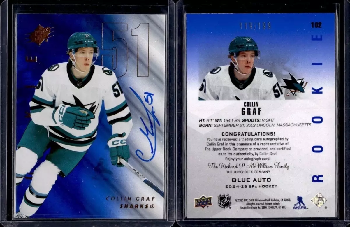 Карточка NHL Collin Graf San Jose Sharks/ Коллин Граф Сан-Хосе Шаркс НХЛ 2
