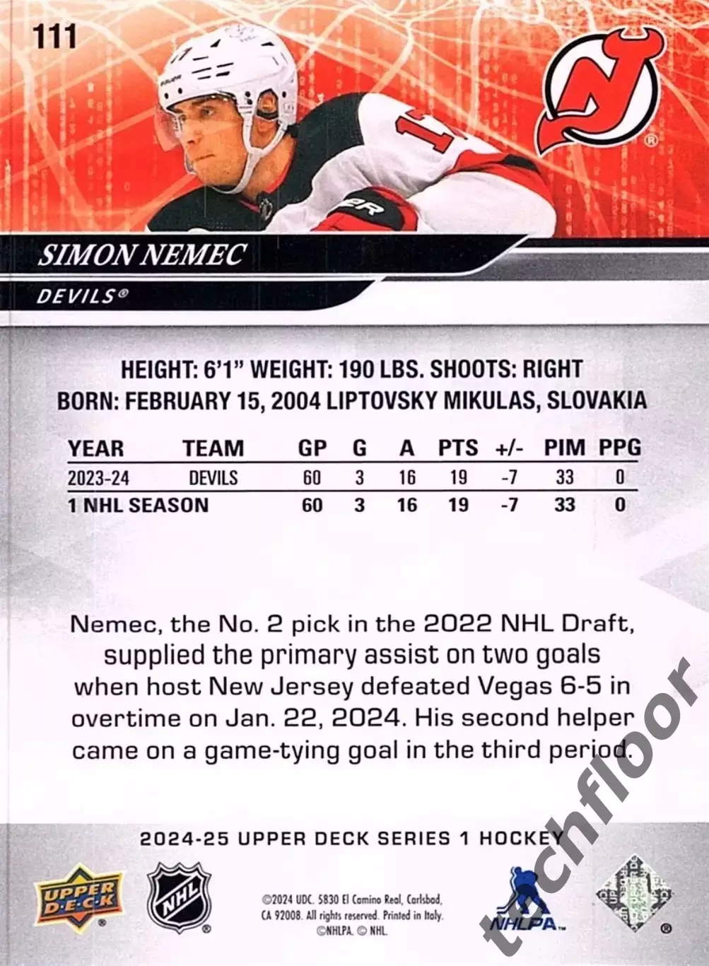 Карточка NHL Simon Nemec New Jersey Devils/Шимон Немец Нью-Джерси НХЛ 1