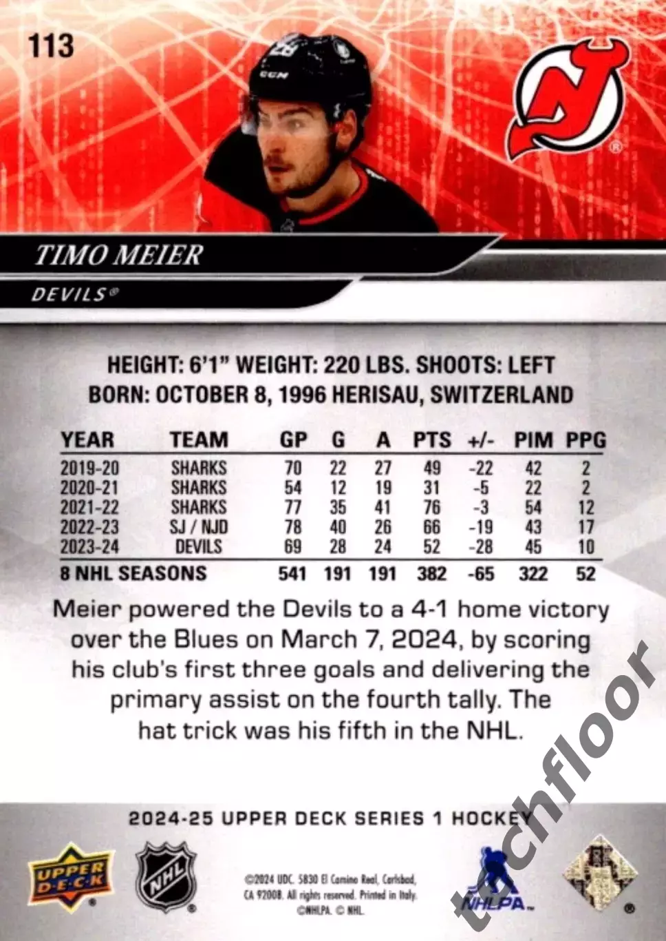 Карточка NHL Timo Meier New Jersey Devils/Тимо Майер Нью-Джерси НХЛ 1