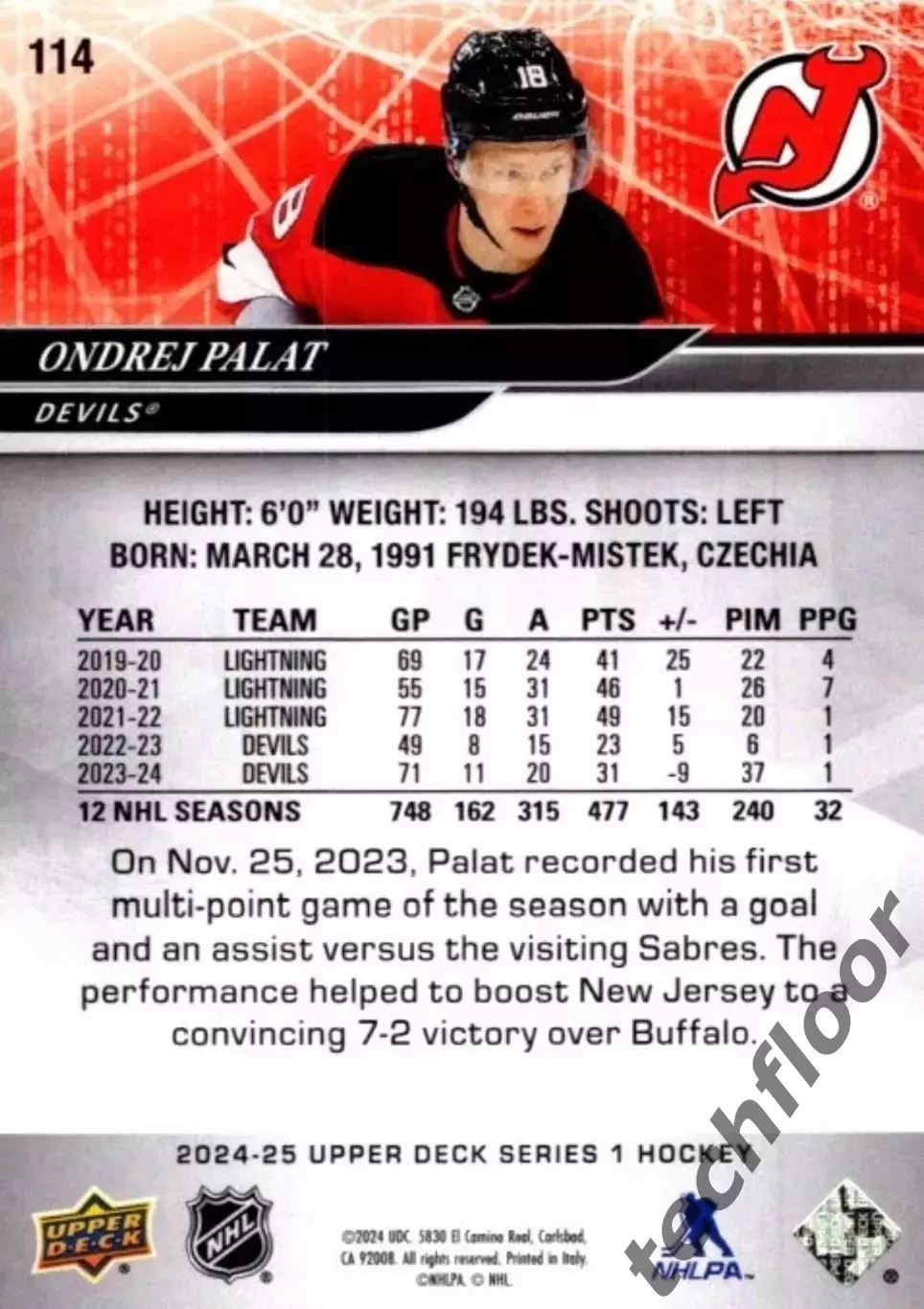 Карточка NHL Ondrej Palat New Jersey Devils/Ондржей Палат Нью-Джерси НХЛ 1