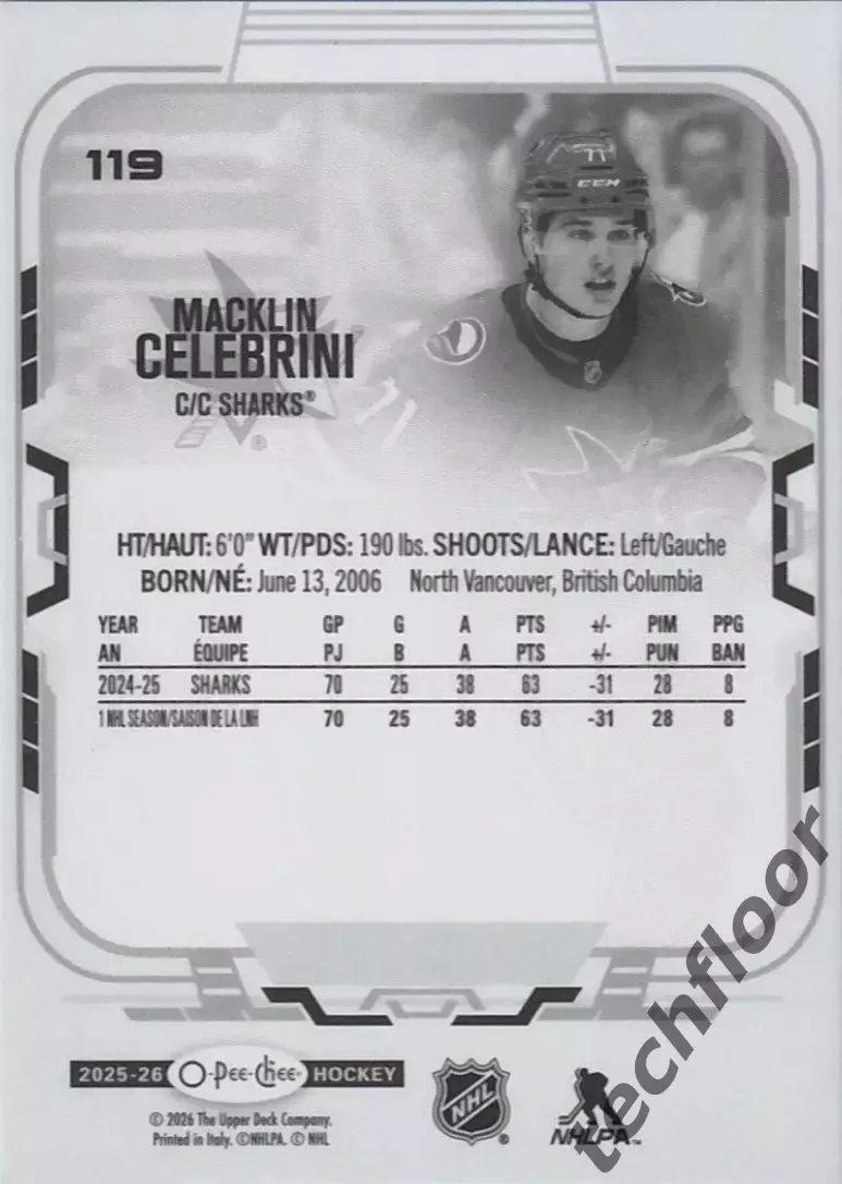 Карточка NHL Macklin Celebrini San Jose Sharks / Маклин Селебрини Сан-Хосе НХЛ 1