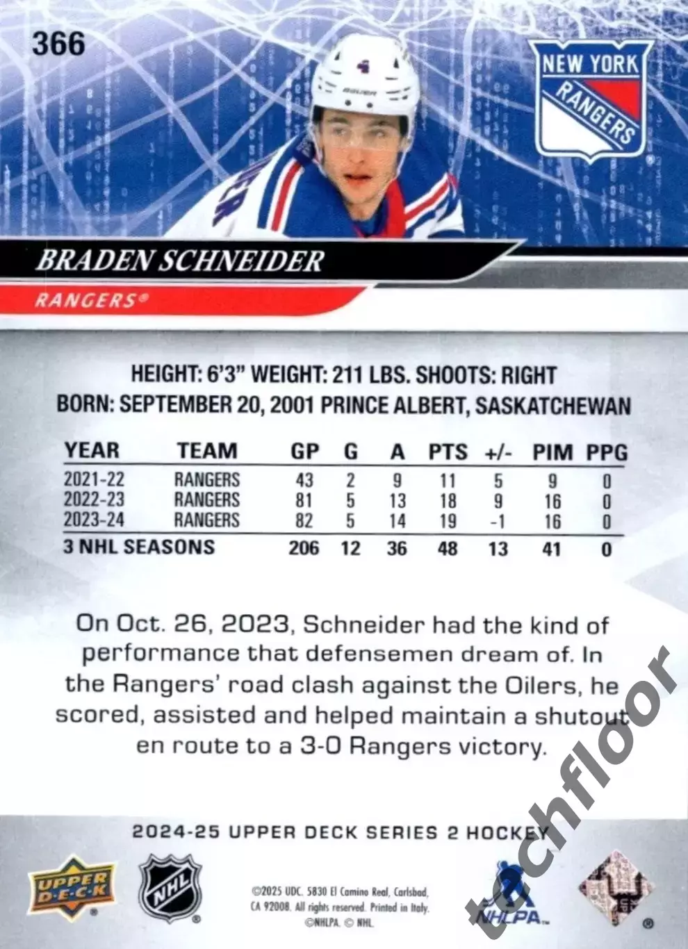Карточка NHL Braden Schneider New York Rangers/Брейден Шнайдер Рейнджерс НХЛ 1