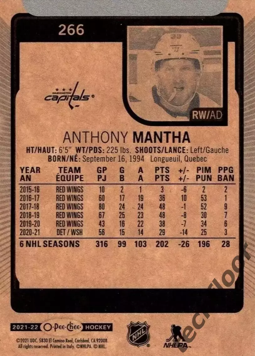 Карточка NHL Anthony Mantha Washington Capitals/ Энтони Манта Вашингтон НХЛ 1