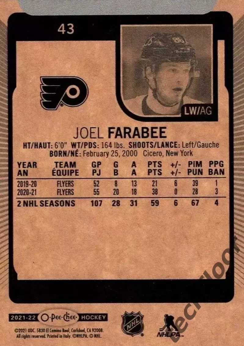 Карточка NHL Joel Farabee Philadelphia Flyers/Джоэл Фараби Филадельфия НХЛ 1