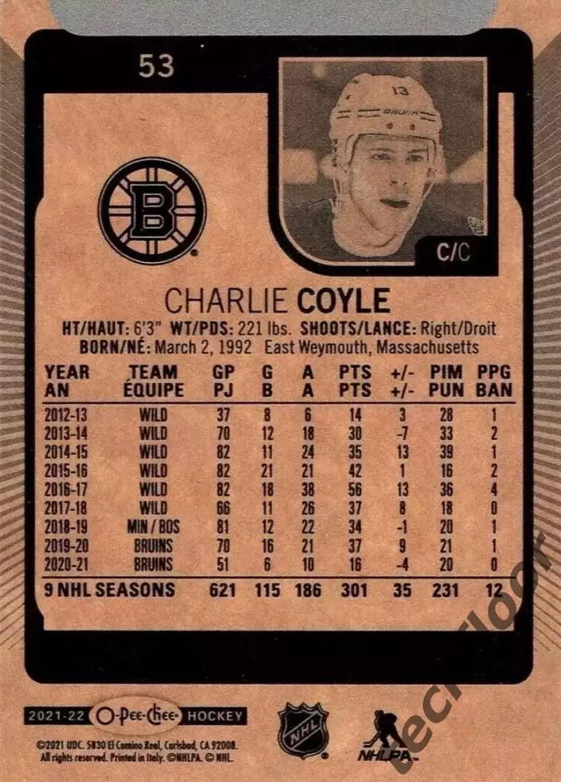 Карточка NHL Carlie Coyle Boston Bruins/ Чарли Койл Бостон НХЛ 1