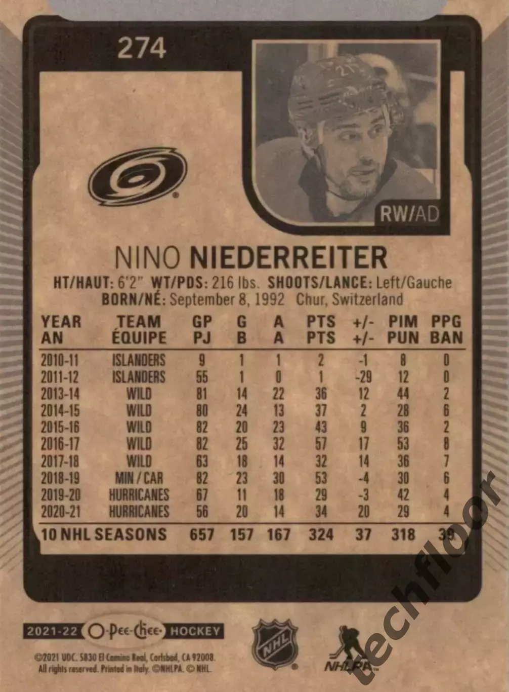 Карточка NHL Nino Niederreiter Carolina Hurricanes/Нино Нидеррайтер Каролина НХЛ 1