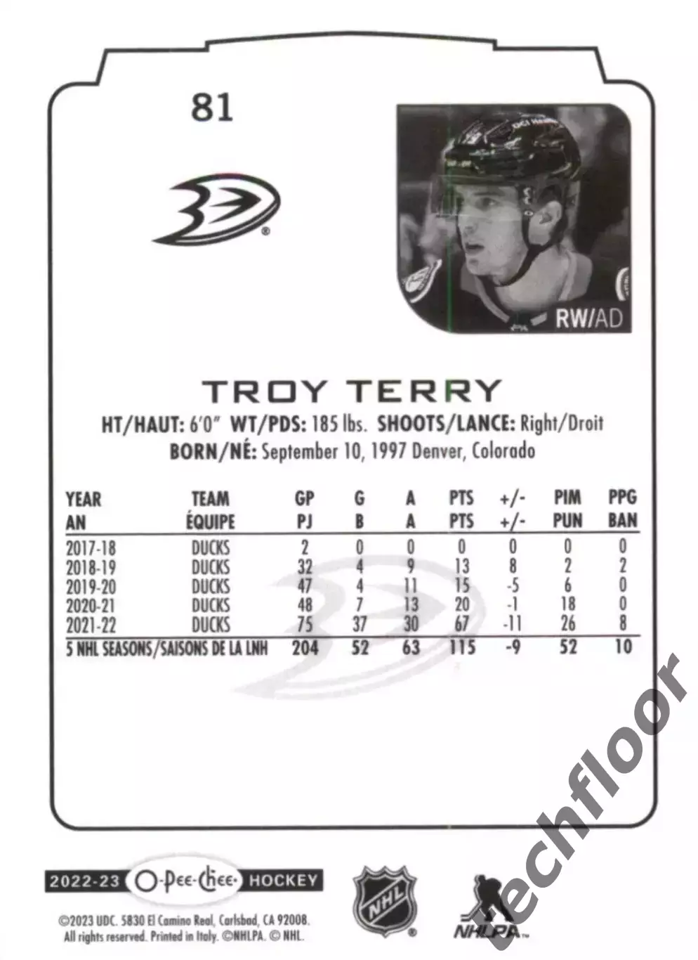 Карточка NHL Troy Terry Anaheim Ducks/ Трой Терри Анахайм НХЛ 1