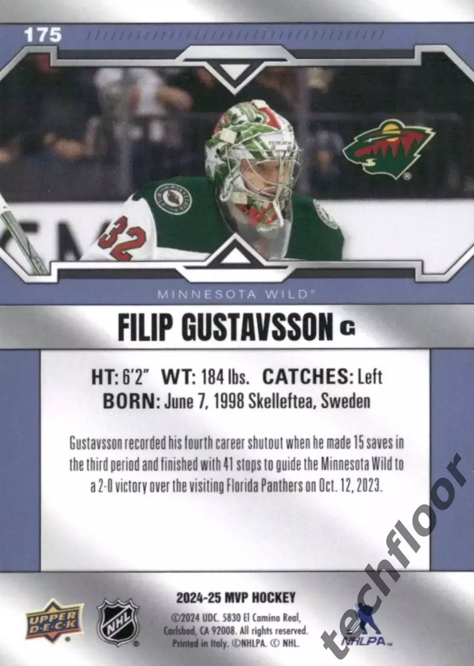 Карточка NHL Filip Gustavsson Minnesota Wild/Филип Густавссон Миннесота НХЛ 1