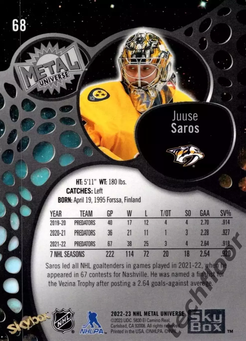 Карточка NHL Juuse Saros Nashville Predators /Юусе Сарос Нэшвилл НХЛ 1