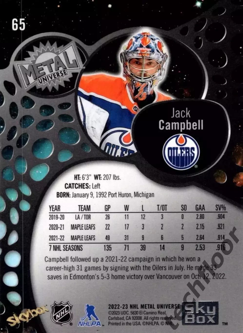 Карточка NHL Jack Campbell Edmonton Oilers/Джек Кэмпбелл Эдмонтон НХЛ 1