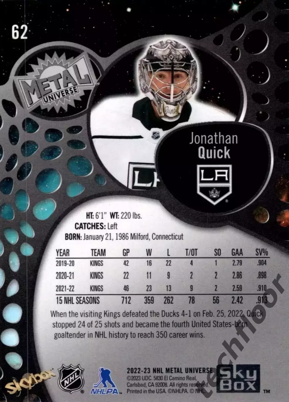 Карточка NHL Jonathan Quick LA Kings /Джонатан Куик Лос-Анджелес НХЛ 1