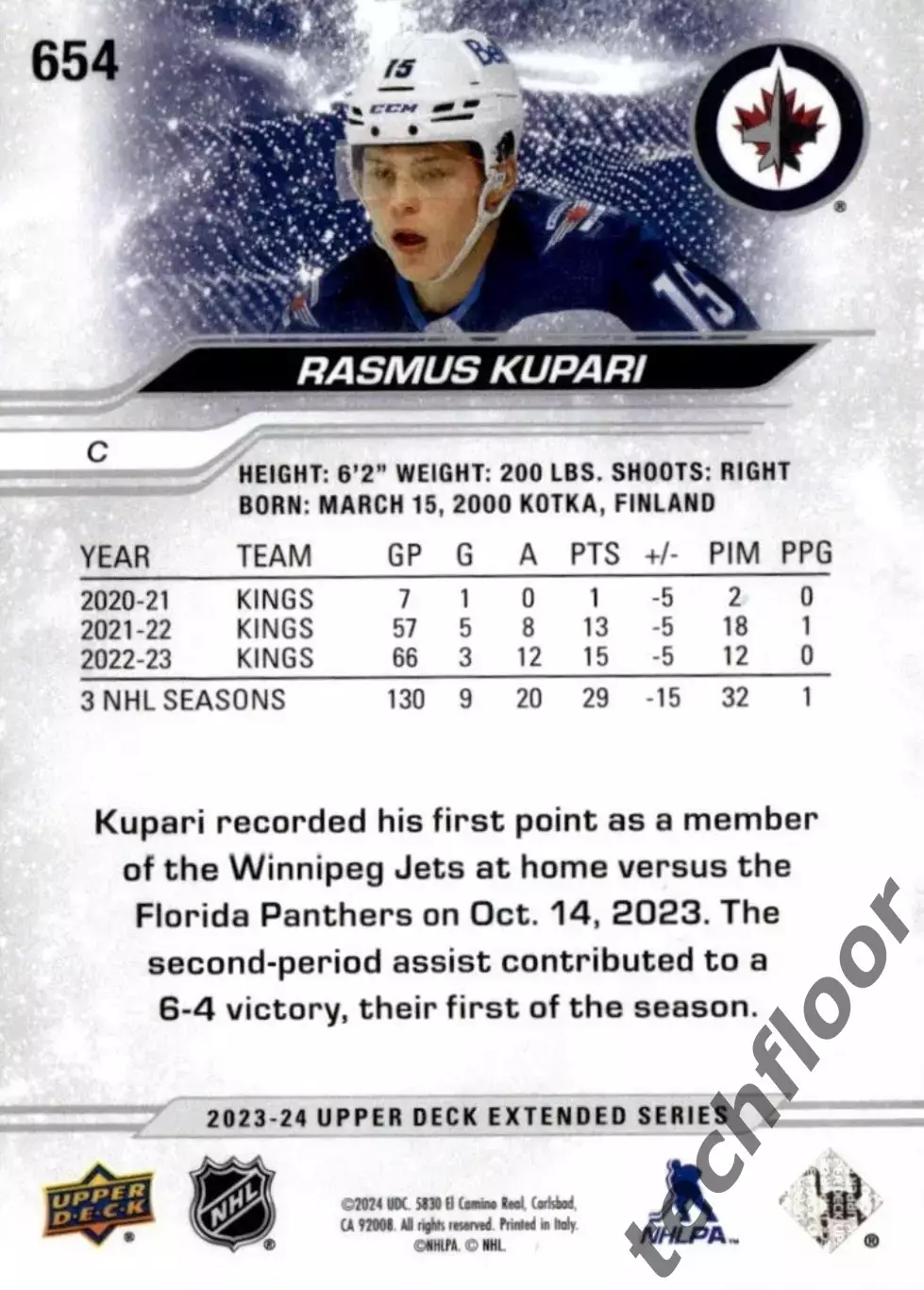 Карточка NHL Rasmus Kupari Winnipeg Jets/Расмус Купари Виннипег НХЛ 1