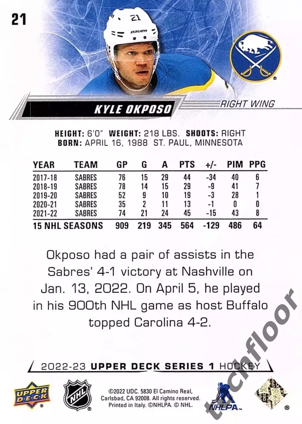 Карточка NHL Kyle Okposo Buffalo Sabres/Кайл Окпосо Баффало НХЛ 1