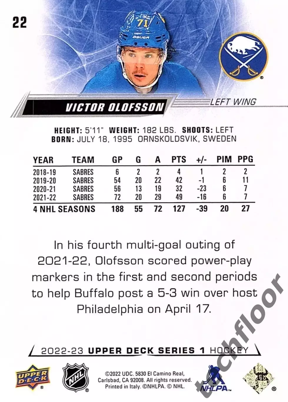 Карточка NHL Victor Olofsson Buffalo Sabres / Виктор Олофссон Баффало НХЛ 1