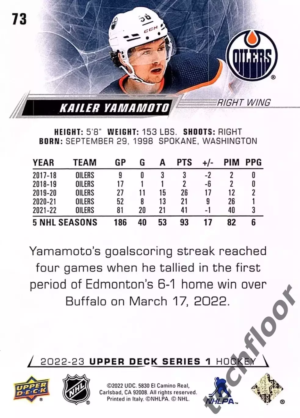 Карточка NHL Kailer Yamamoto Edmonton Oilers/Кайлер Ямамото Эдмонтон НХЛ 1