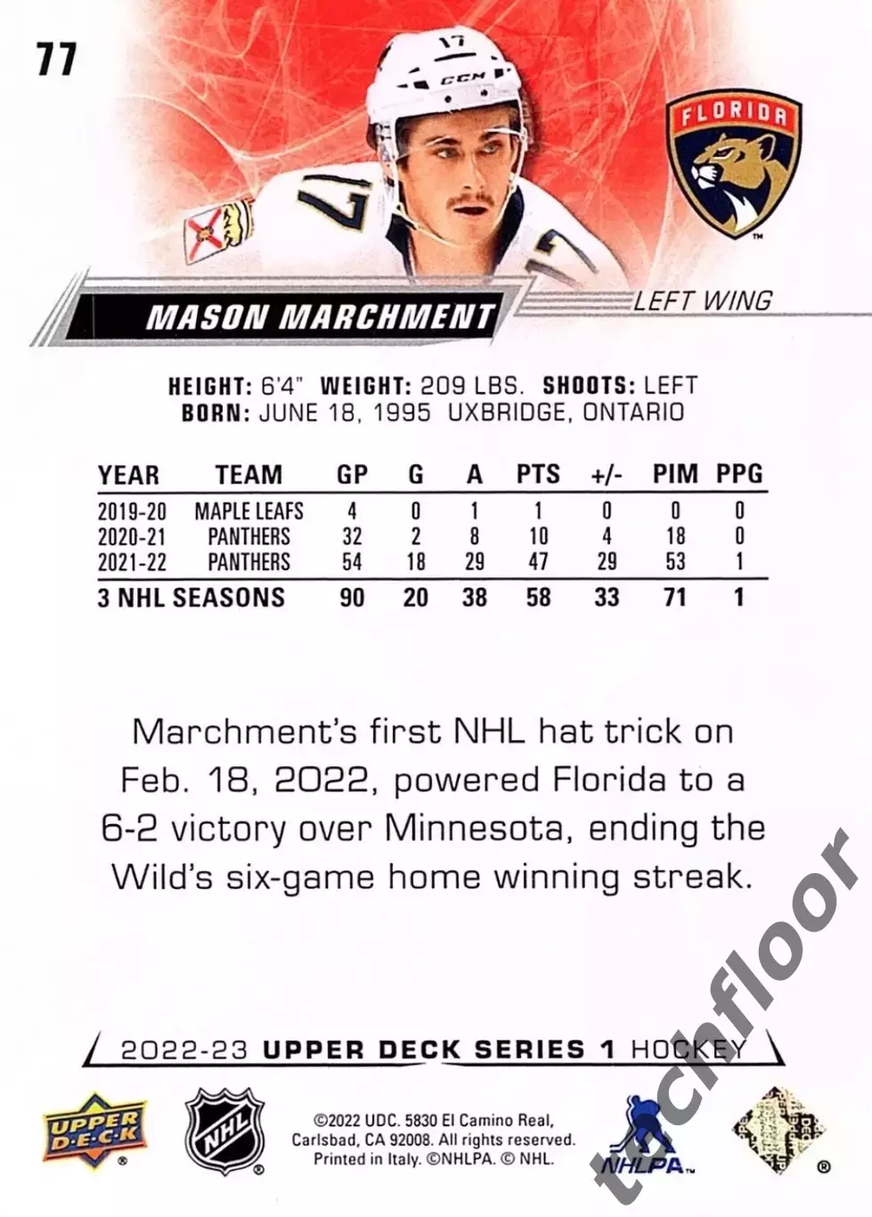 Карточка NHL Mason Marchment Florida Panthers/Мейсон Марчмент Флорида НХЛ 1