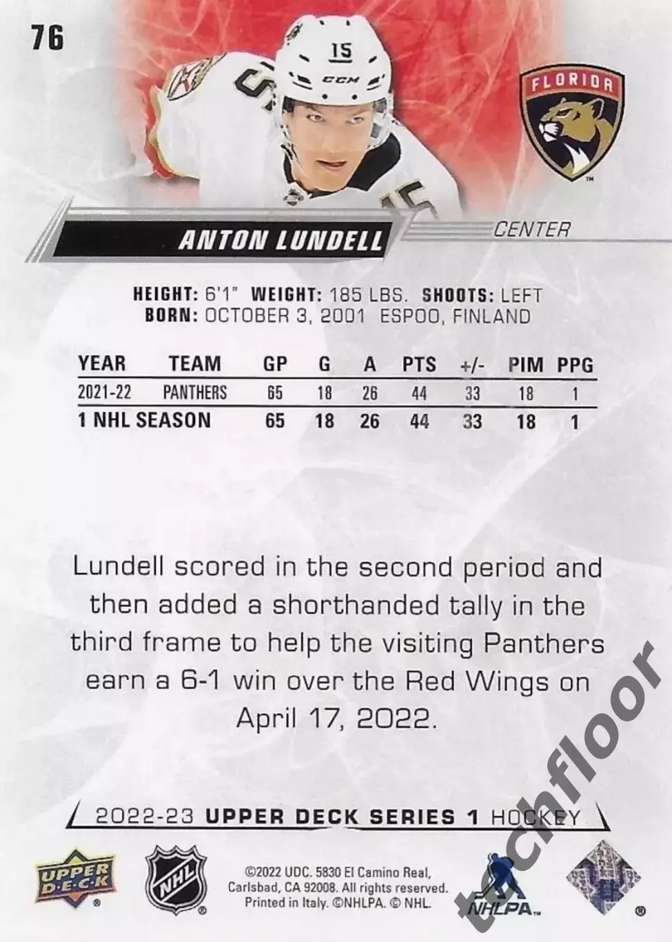 Карточка NHL Anton Lundell Florida Panthers/ Антон Лунделль Флорида НХЛ 1