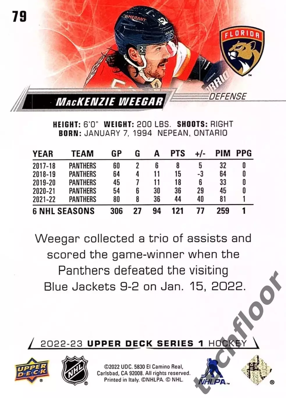 Карточка NHL MacKenzie Weegar Florida Panthers/ Маккензи Уигер Флорида НХЛ 1