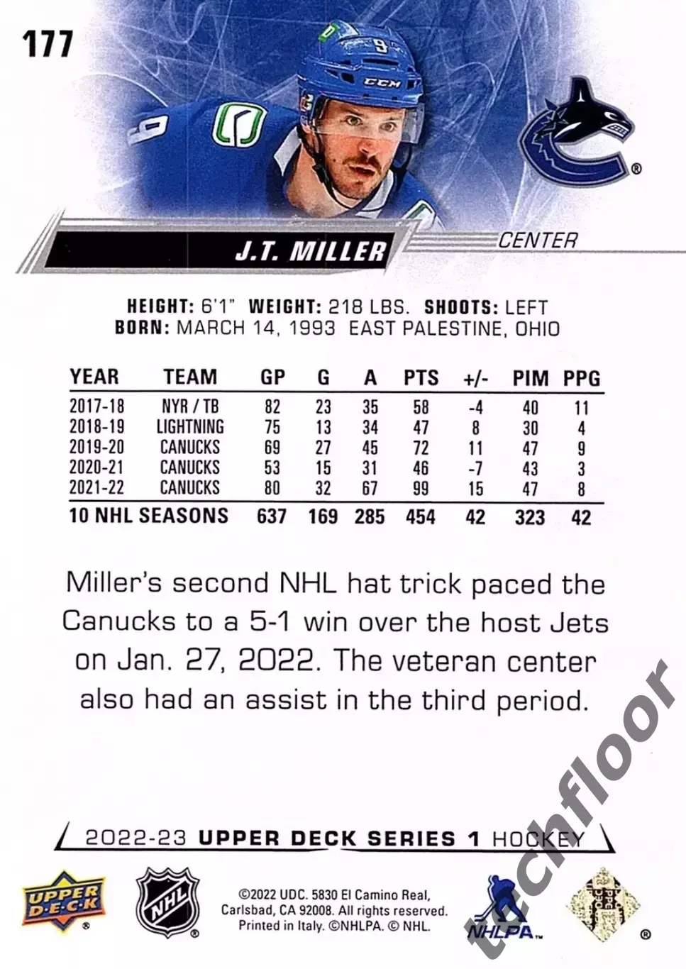 Карточка NHL J.T. Miller Vancouver Canucks/Джей Ти Миллер Ванкувер НХЛ 1