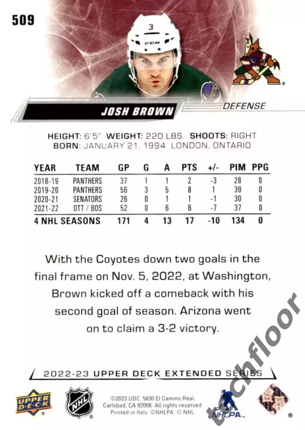 Карточка NHL Josh Brown Arizona Coyotes/ Джош Браун Аризона НХЛ 1