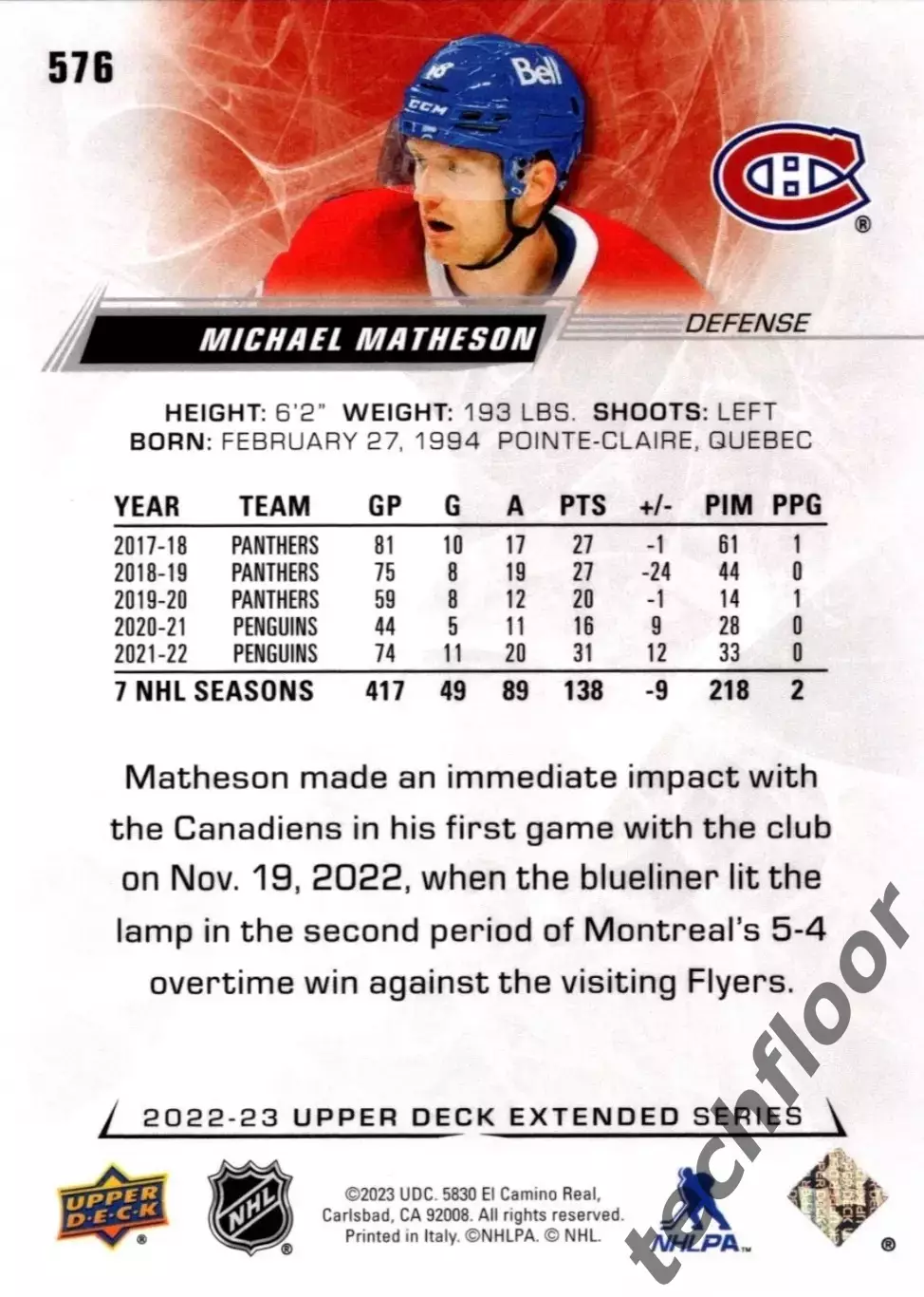 Карточка NHL Michael Matheson Montreal Canadiens/ Майкл Мэтсон Монреаль НХЛ 1