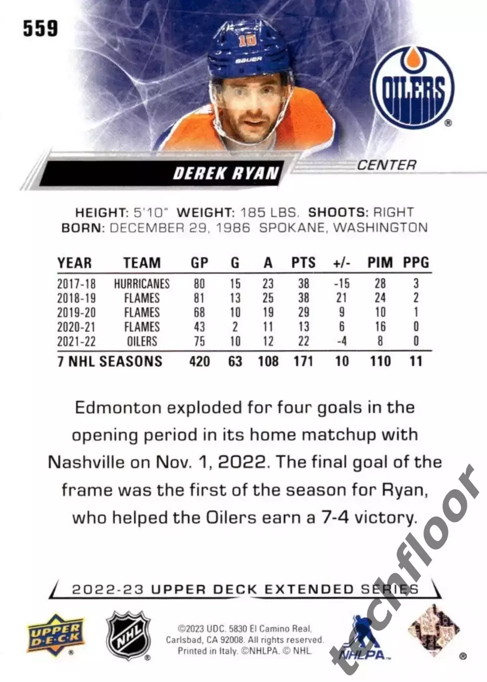 Карточка NHL Derek Ryan Edmonton Oilers/Дерек Райан Эдмонтон НХЛ 1