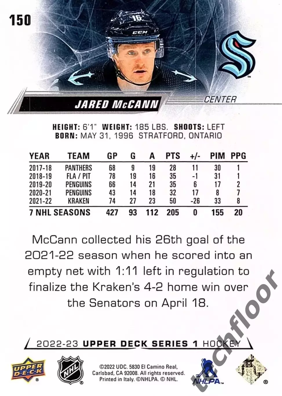 Карточка NHL Jared McCann Seattle Kraken/ Джаред Маккан Сиэтл НХЛ 1